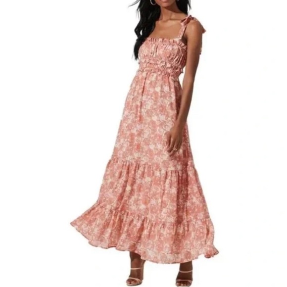 ASTR The Label Smocked Floral Maxi Dress Pink Tan Size XL - Picture 1 of 9